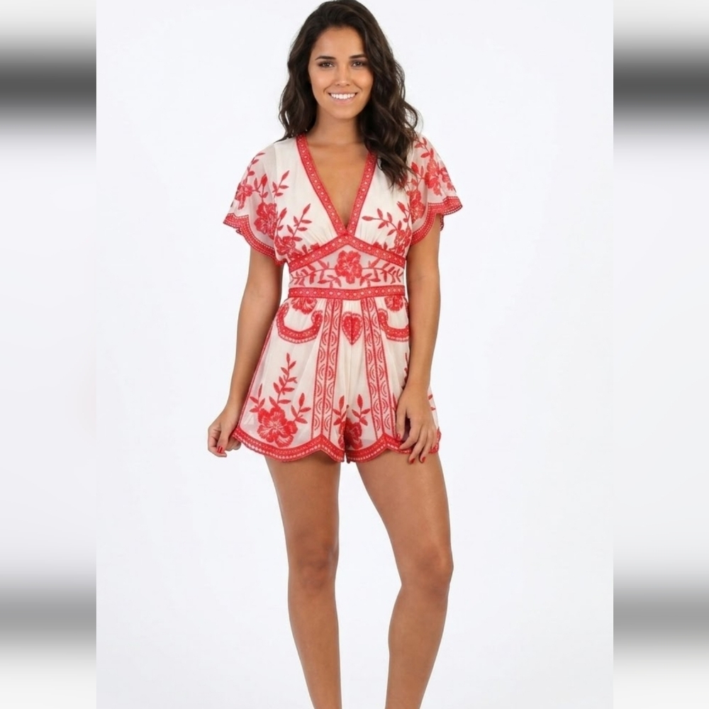 Honey Punch Red Floral Embroidered Mesh Romper V-Neck Boho Small